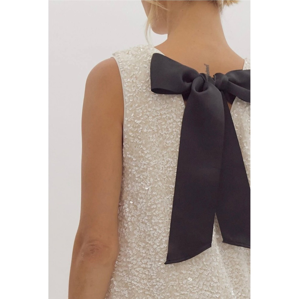 H&M White Sequin Sleeveless Mini Dress with Large Black Back Bow Size S